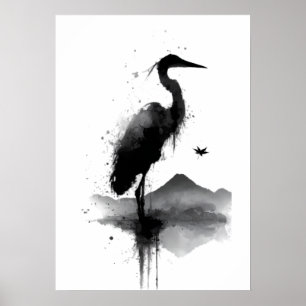 Japanisches Sumi-e-Kranich-Zen-Wandkunstposter Poster