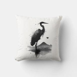 Japanisches Sumi-e Kranich Zen-Wurfkissen Kissen