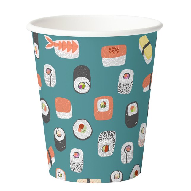 Japanisches Sushi Muster Aquamarin Green Pappbecher (Fun Japanese sushi food art pattern teal green paper cups)