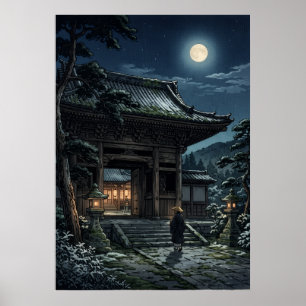 Japanisches Tempel-Tor Vollmondnacht Mönch Laterne Poster