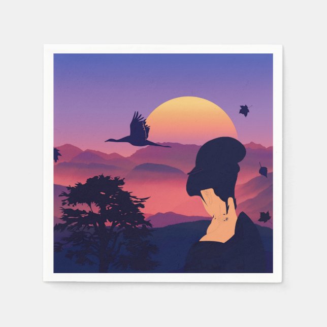 japanisches Thema Geisha Tree und aufstrebende Son Serviette (Vorderseite)