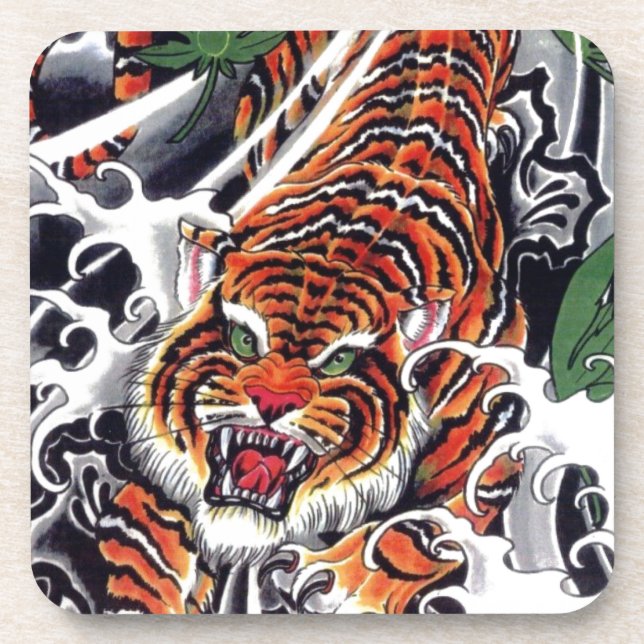 japanisches Tiger- und Ahorndesign Getränkeuntersetzer (Vorderseite)