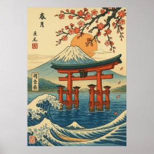 Japanisches Torii Tor und Fuji Berg mit Waves Poster