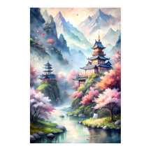 Japanisches Wasserfarbdorf | Zen Landschaftsdruck