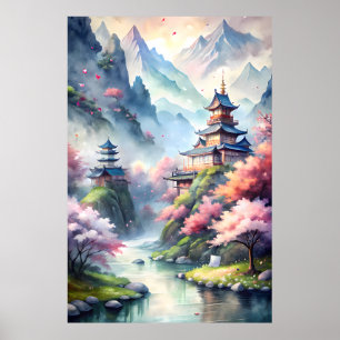 Japanisches Wasserfarbdorf   Zen Landschaftsdruck Poster