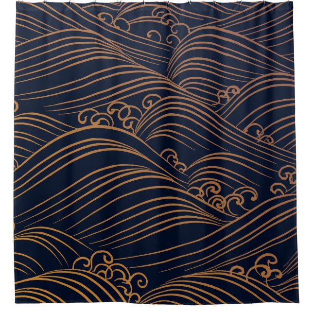 Japanisches Wellen-Muster dunkelblau und Gold Duschvorhang (Vorderseite)