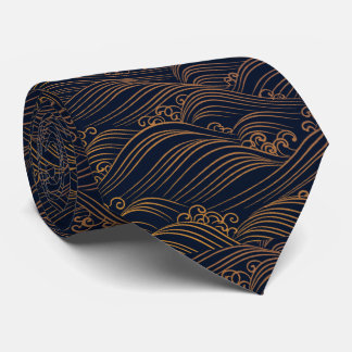 Japanisches Wellen-Muster-Marine-Blau und Gold Krawatte