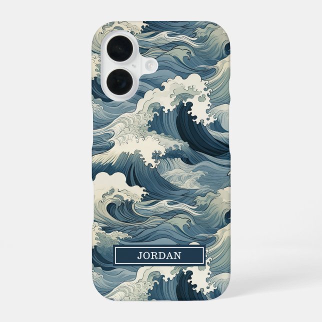 Japanisches Wellenmuster mit Monogramm iPhone 16 Hülle (Rückseite)