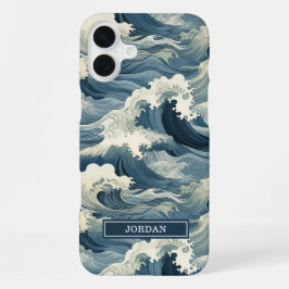 Japanisches Wellenmuster mit Monogramm iPhone 16 Plus Hülle