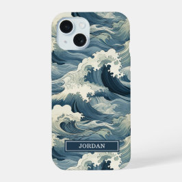 Japanisches Wellenmuster Monogramm iPhone 15 Hülle