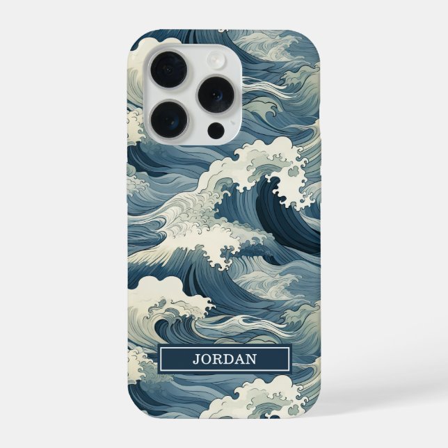 Japanisches Wellenmuster Monogramm iPhone 15 Pro Hülle (Rückseite)