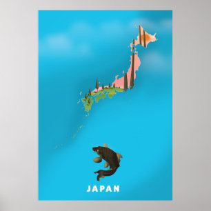 Japon Carte illustrée imprimé affiche de voyage.