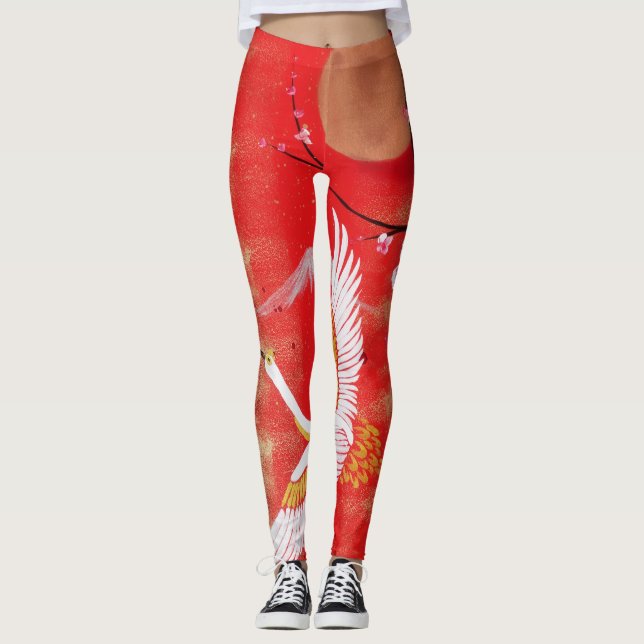 Japonais grue soleil Japon sakura rouge Leggings (Devant)