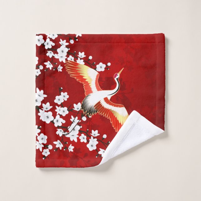 Japonaise Grue Blanc Cerisier Fleur Rouge (Gant de toilette)