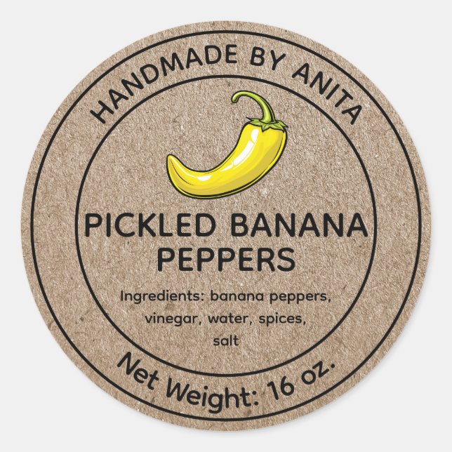 Jar Label Kraft gepickte Bananen-Paprikaschoten Runder Aufkleber (Vorderseite)