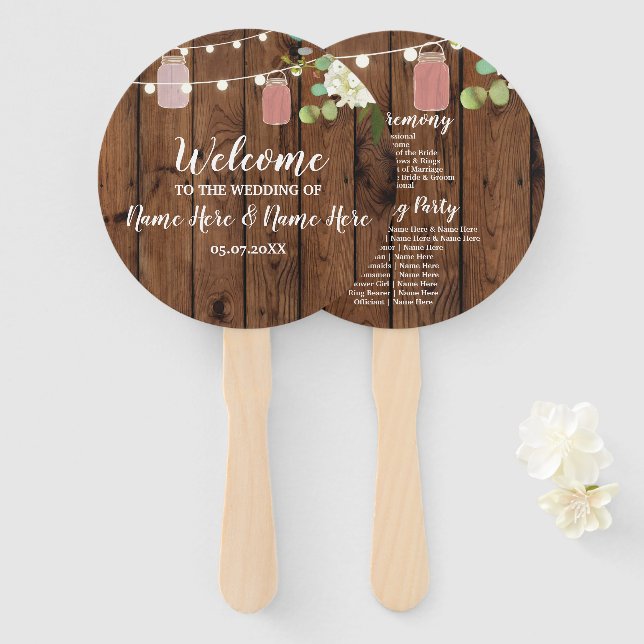 Jar Lights Floral Wood Jars Wedding Program Fan Fächer (Vorne und Hinten)