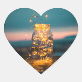 Jar mit Märchenlicht Sonnenuntergang romantisch Herz-Aufkleber