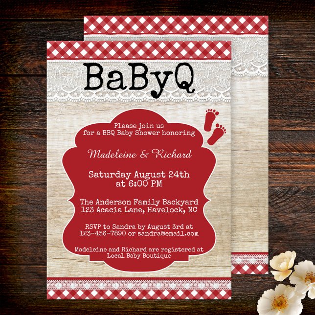 Jardin BBQ Couples Baby shower Invitation (Rustic baby shower invitation in BBQ backyard style featuring a picnic table cloth with lace on wood)