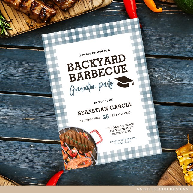 Jardin bleu BBQ Graduation Party Invitation (- Invite shown in 5 x 7 inches, choose size, paper and corner style. Buy print or digital invitation)