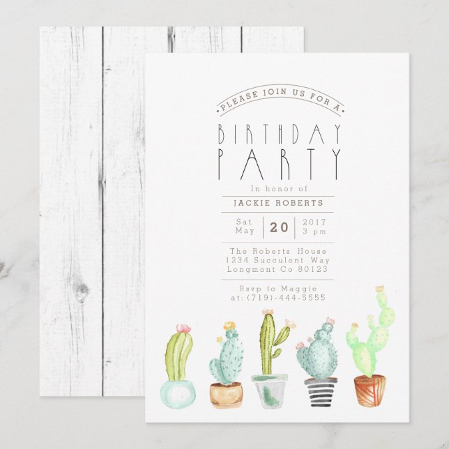 Jardin de Cactus | Aquarelle Invitation de fête d' (Devant / Derrière)