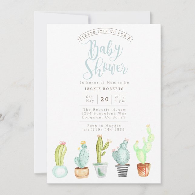 Jardin de Cactus | Invitation Baby shower aquarell (Devant)