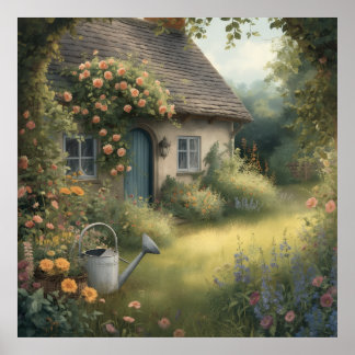 Jardin de cottage anglais enchanté avec affiche de