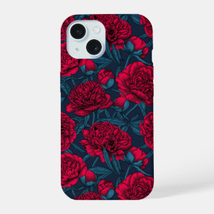Jardin de pivoine rouge sur bleu foncé