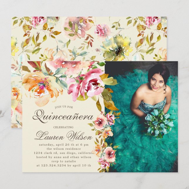 jardin d'été fleuri Quinceanera Photo Invitation (Devant / Derrière)