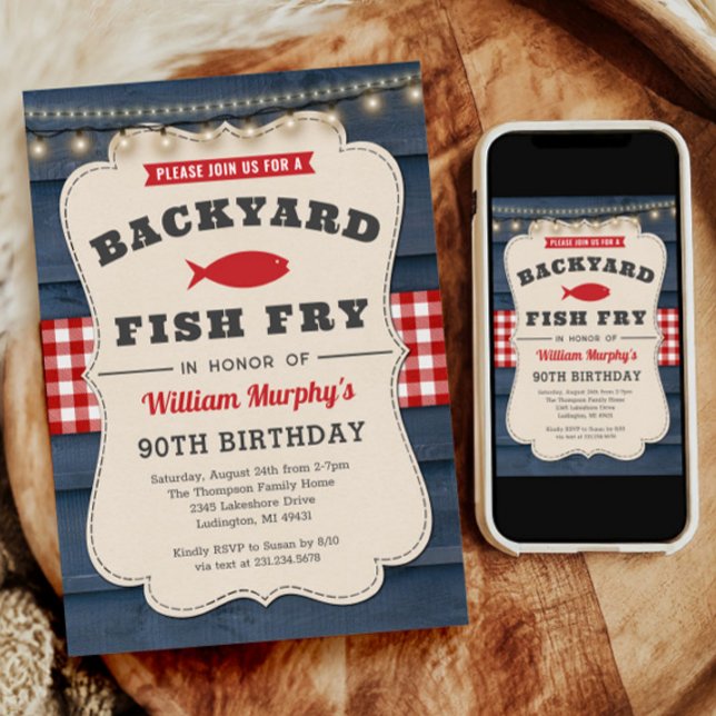 Jardin Fish Fry 90th Birthday Invitation (Backyard Fish Fry 90th Birthday Invitation)