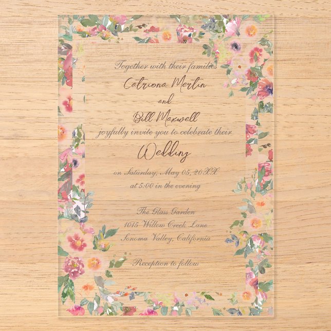 Jardin floral Acrylique clair Faire-part de mariag (Recto)