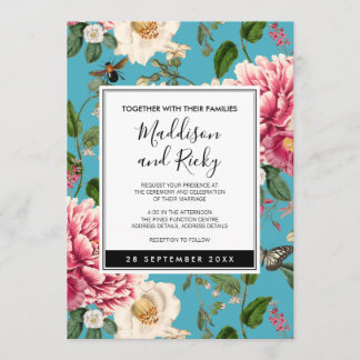 Jardin Floral Bleu Coloré Mariage Invitation