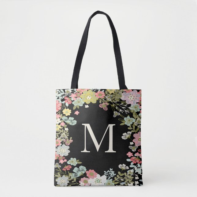 Jardin Floral Monogramme Sac à épaule noire (Devant)
