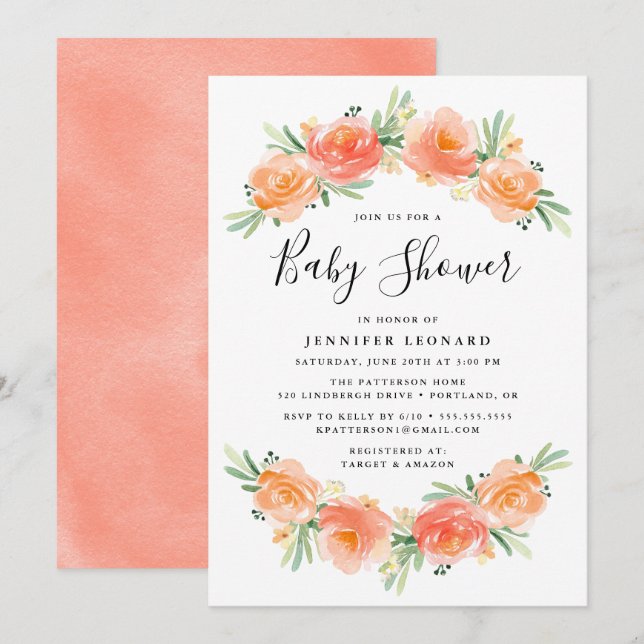 Jardin Floral Pêche | Invitation Baby shower (Devant / Derrière)