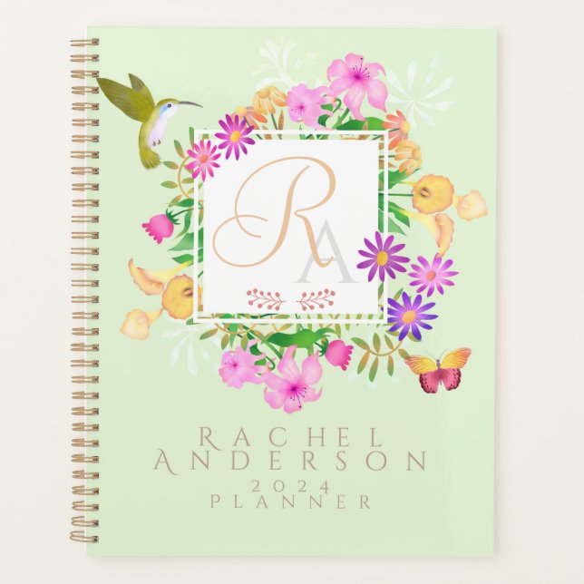 Jardin Floral Vert Monogramme Planificateur (Devant)