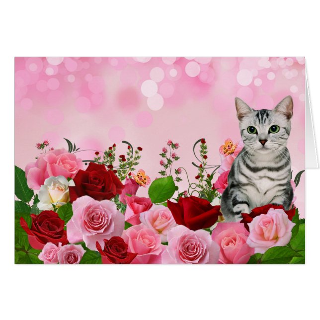 Jardin rose rouge et rose avec Tabby Cat Blank (Devant Horizontal)