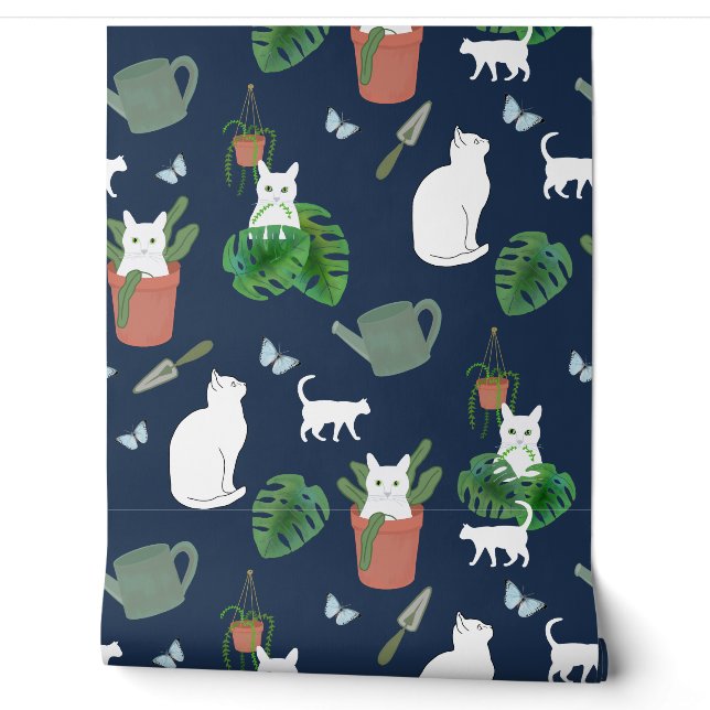 Jardinage Chats Kitty blanc et Plantes sur Mur Ble (Déroulement)