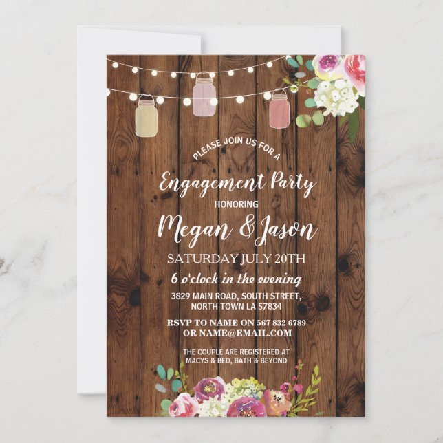 Jars Engagement Party Rustic Wood Floral Einladung (Vorderseite)