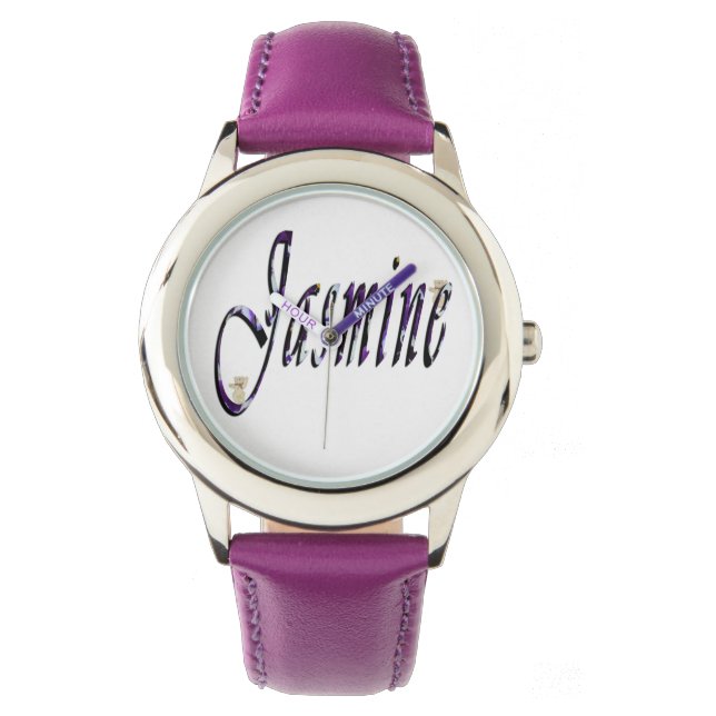 Jasmin, Nom, Logo, Montre En Cuir Violet Filles. (devant)