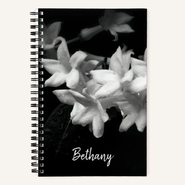 Jasmine Black and White Blume Fotografie Notizbuch (Vorderseite)