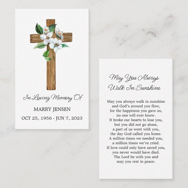 Jasmine Cross Memorial Funeral Prayer Card Visitenkarte (Vorne/Hinten)