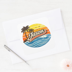 Jason Retro Sonnenuntergang Name Design Quadratischer Aufkleber