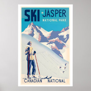Jasper Nationalpark Kanada Frau Skifahren Vintage Poster