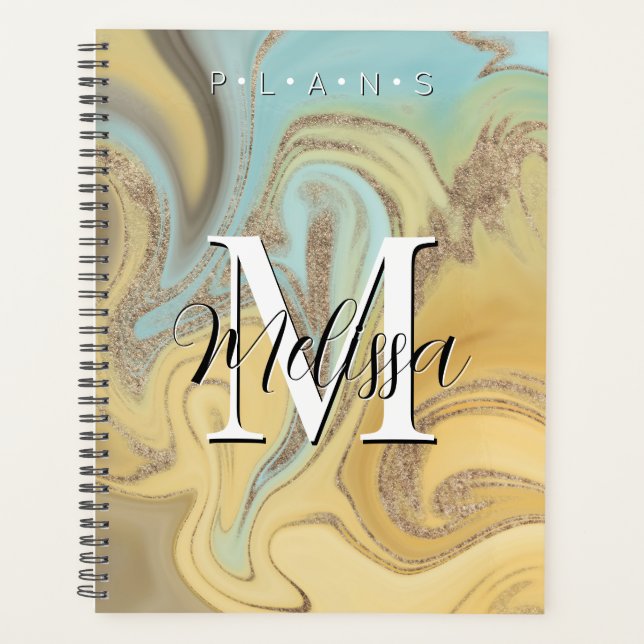 Jaune Aqua Gold Moderne Monogramme Abstrait Planif (Devant)