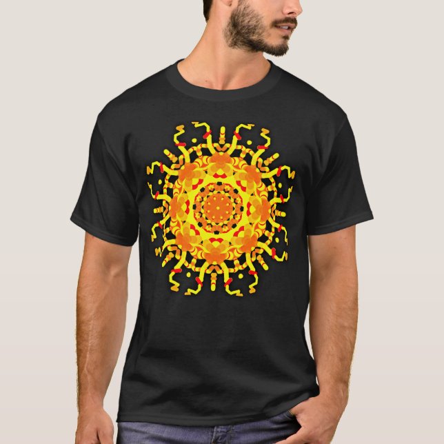 Jaune aztèque de mandala de style du T-shirt noir (Devant)