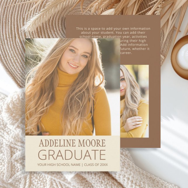 Jaune Brown 2 photos Faire-part (Modern soft yellow and brown 2-photo graduation announcement card)