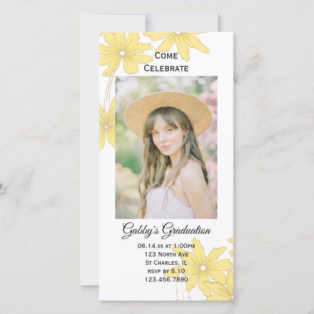 Jaune Daisy Graduation Party Invitation Carte phot (Devant)
