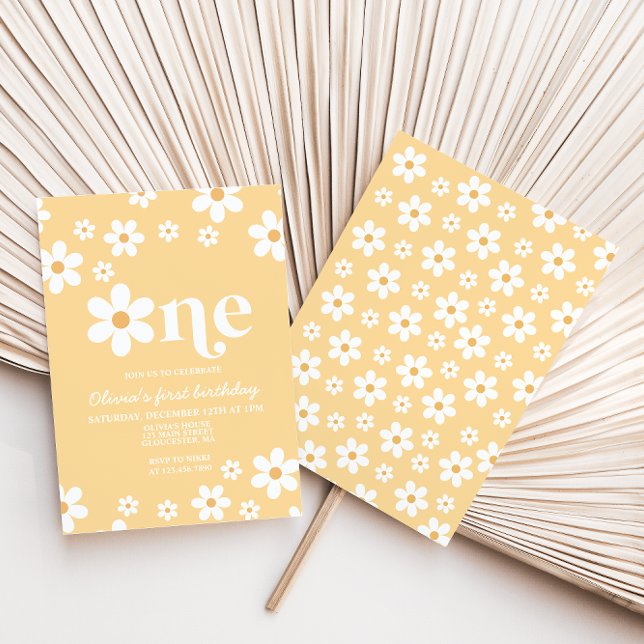 Jaune Daisy One Floral 1er Anniversaire Invitation (Créateur téléchargé)