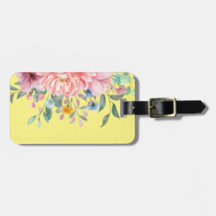 Jaune ensoleillé avec étiquette à bagages fleurs