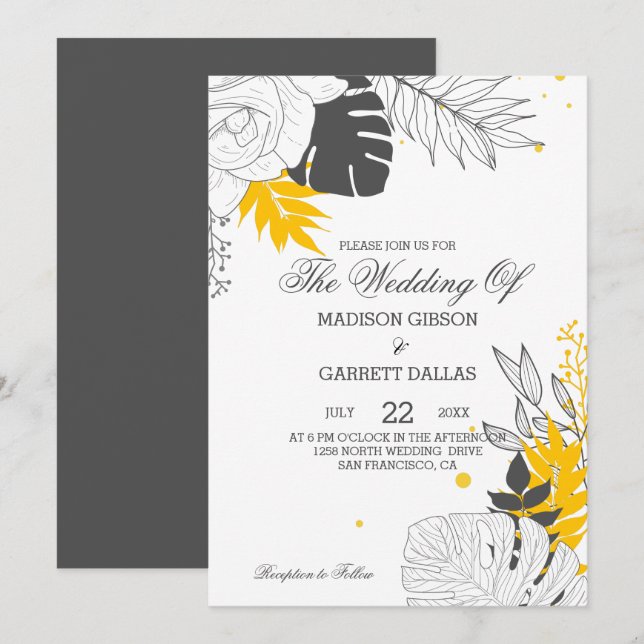 Jaune et blanc Feuilles tropicaux Faire-part de ma (Devant / Derrière)