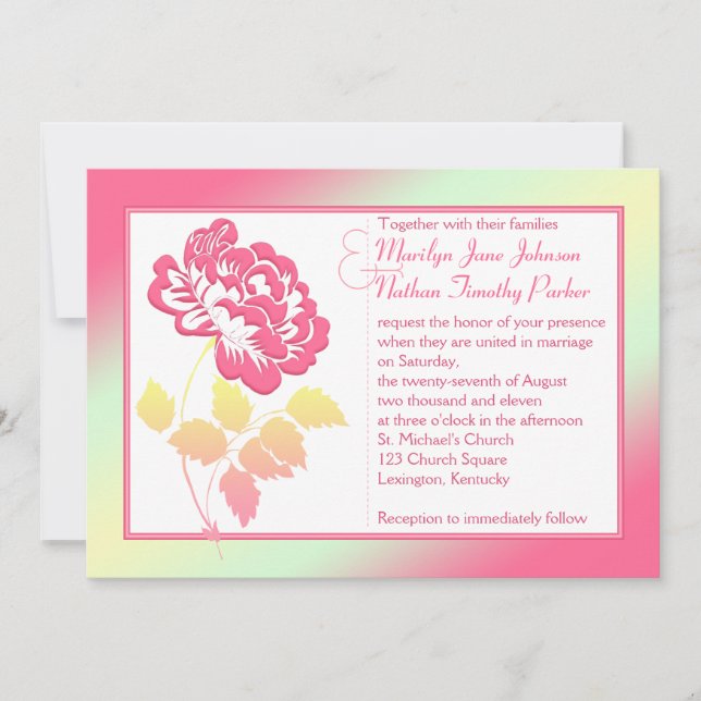 Jaune et rose Peony Faire-part de mariage lin (Devant)